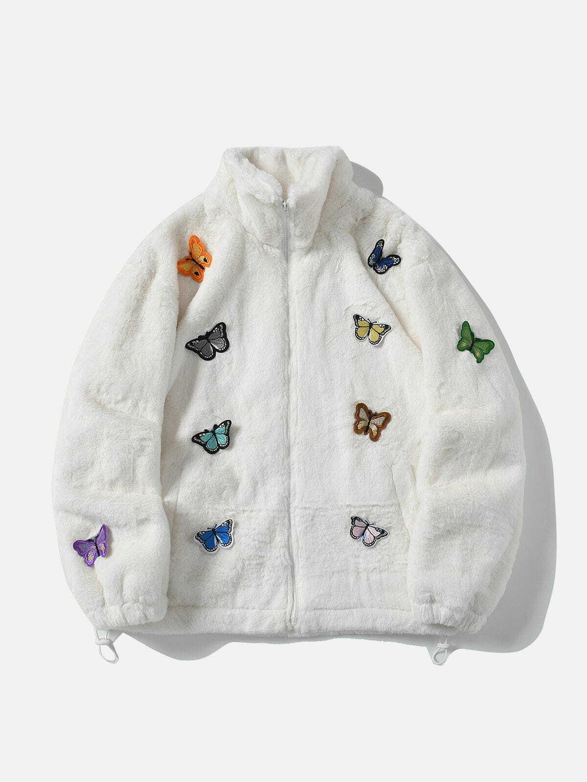 Y2K Aesthetic Embroidered Butterfly Sherpa Jacket - Trendy Grunge Style for Summer Outfits