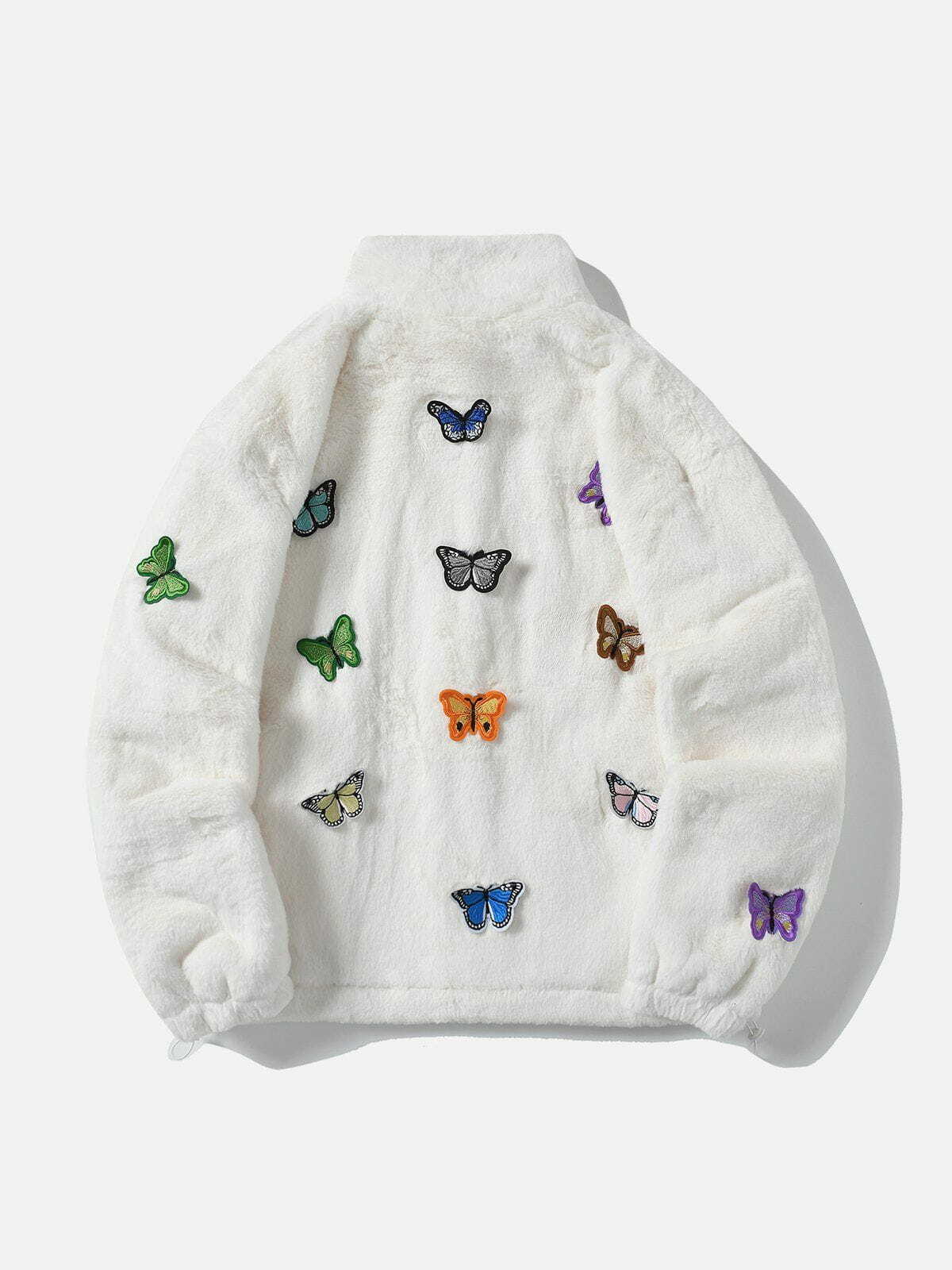 Y2K Aesthetic Embroidered Butterfly Sherpa Jacket - Trendy Grunge Style for Summer Outfits