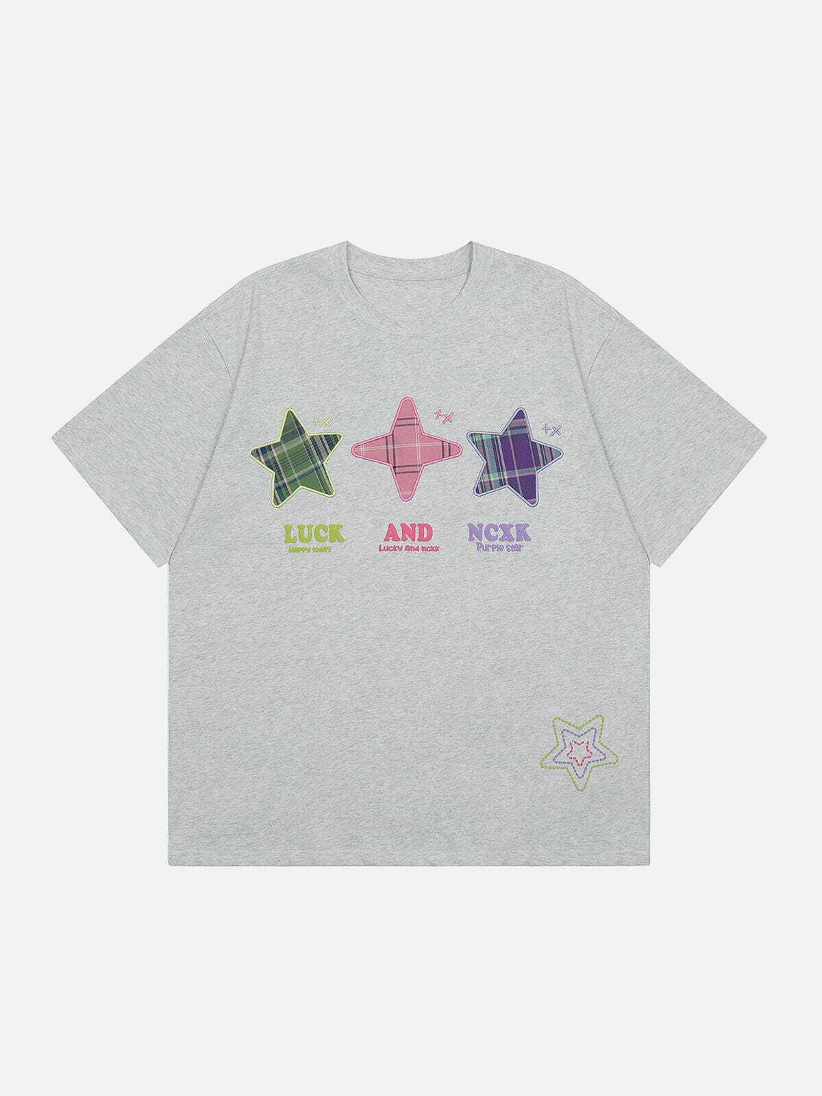 Y2K Aesthetic Embroidered Foam Star Tee - Trendy Grunge Style for Summer Outfits & 90s Vibes