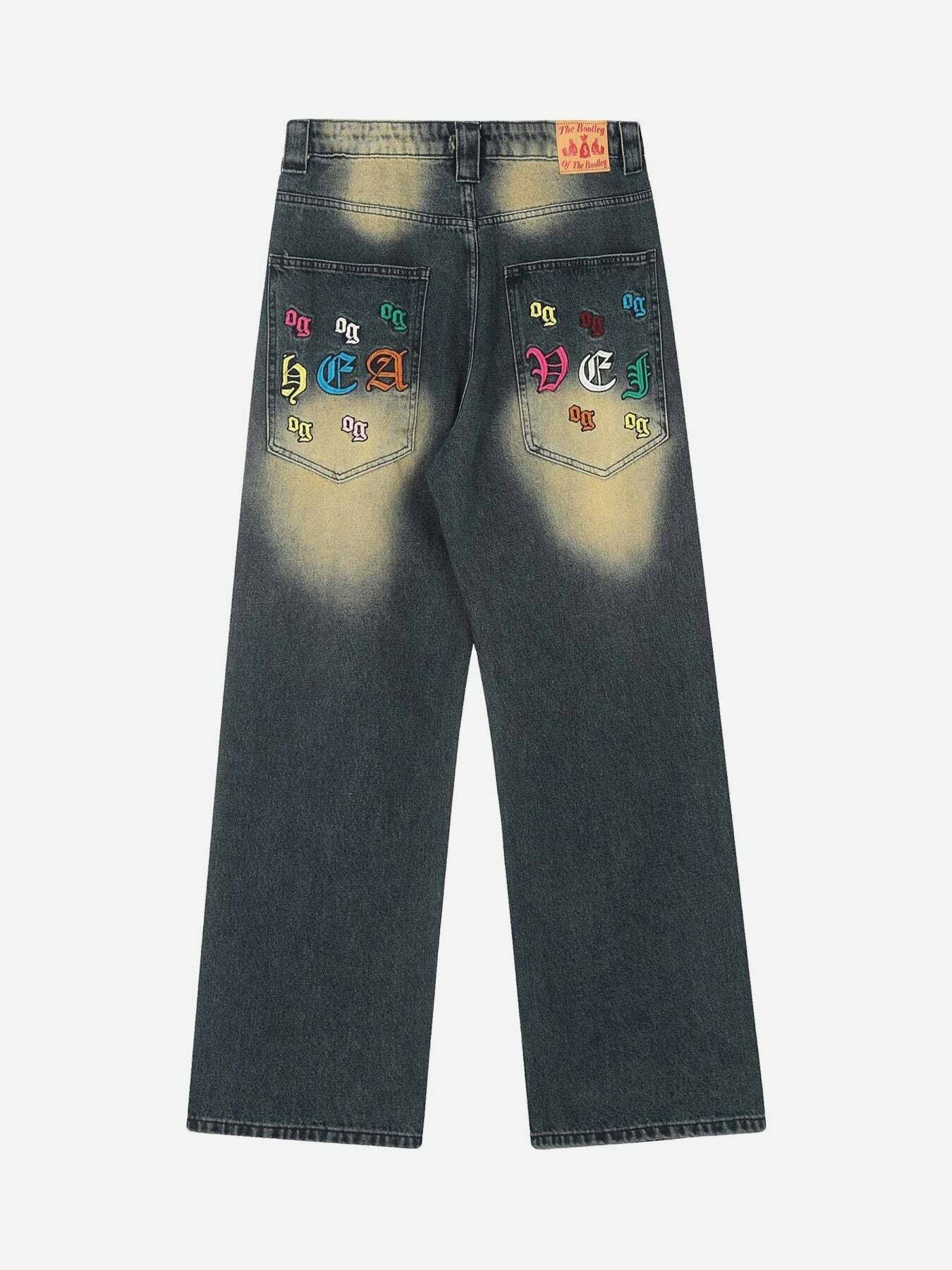 Y2K Aesthetic Embroidered Jeans - Vintage 90s Grunge Style with American Gothic Flair