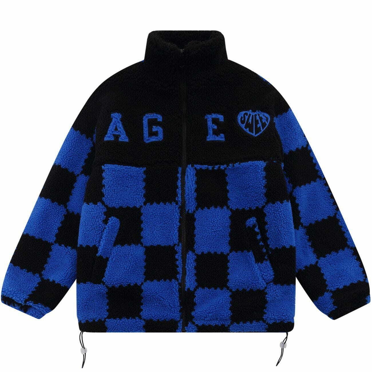 Y2K Aesthetic Embroidered Lattice Sherpa Winter Coat for Cozy 90s Grunge Style