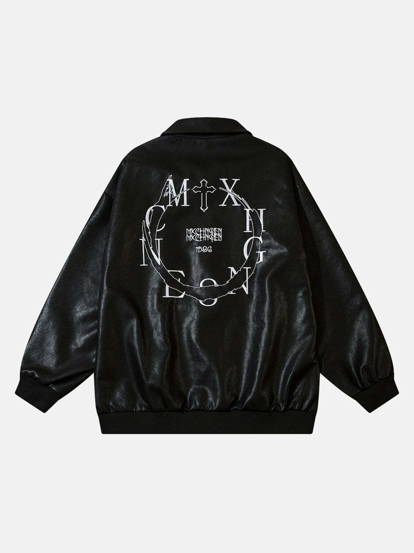 Y2K Aesthetic Embroidered Monogrammed Leather Jacket - Grunge Style for Trendy Outfits