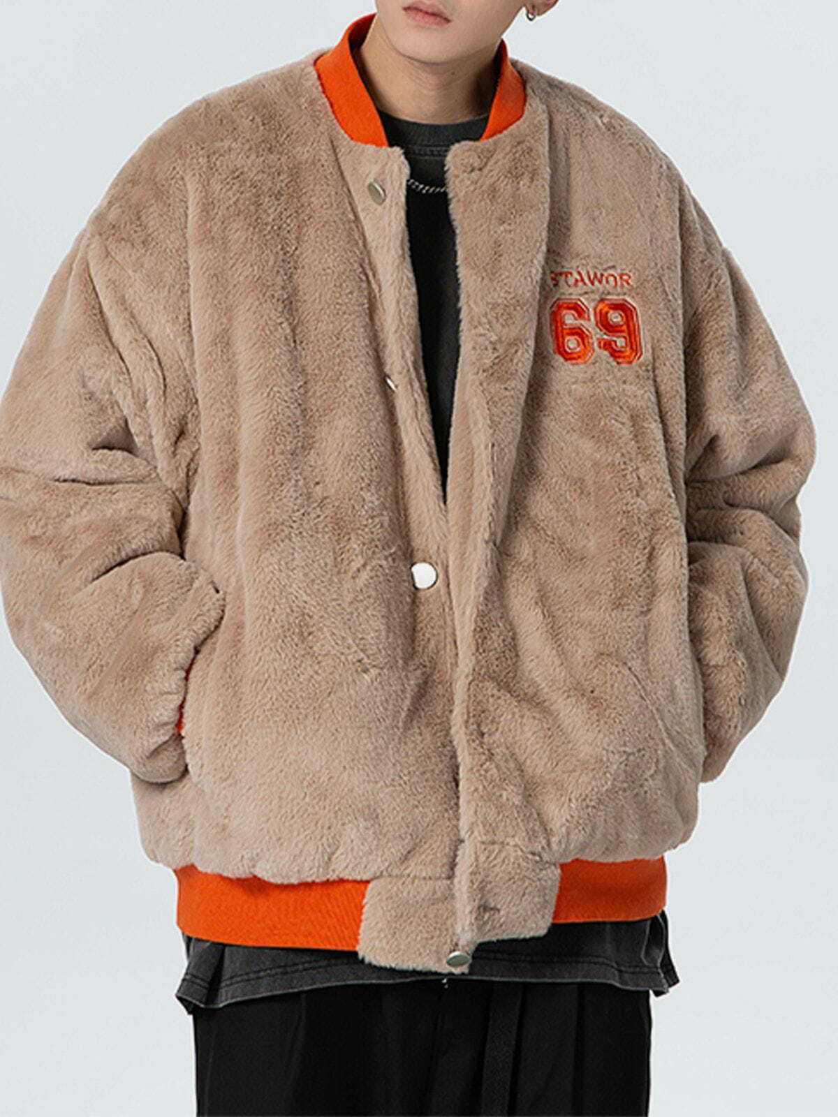 Y2K Aesthetic Embroidered Numbers Sherpa Coat - Cozy Grunge Style for 2000s Fashion Lovers