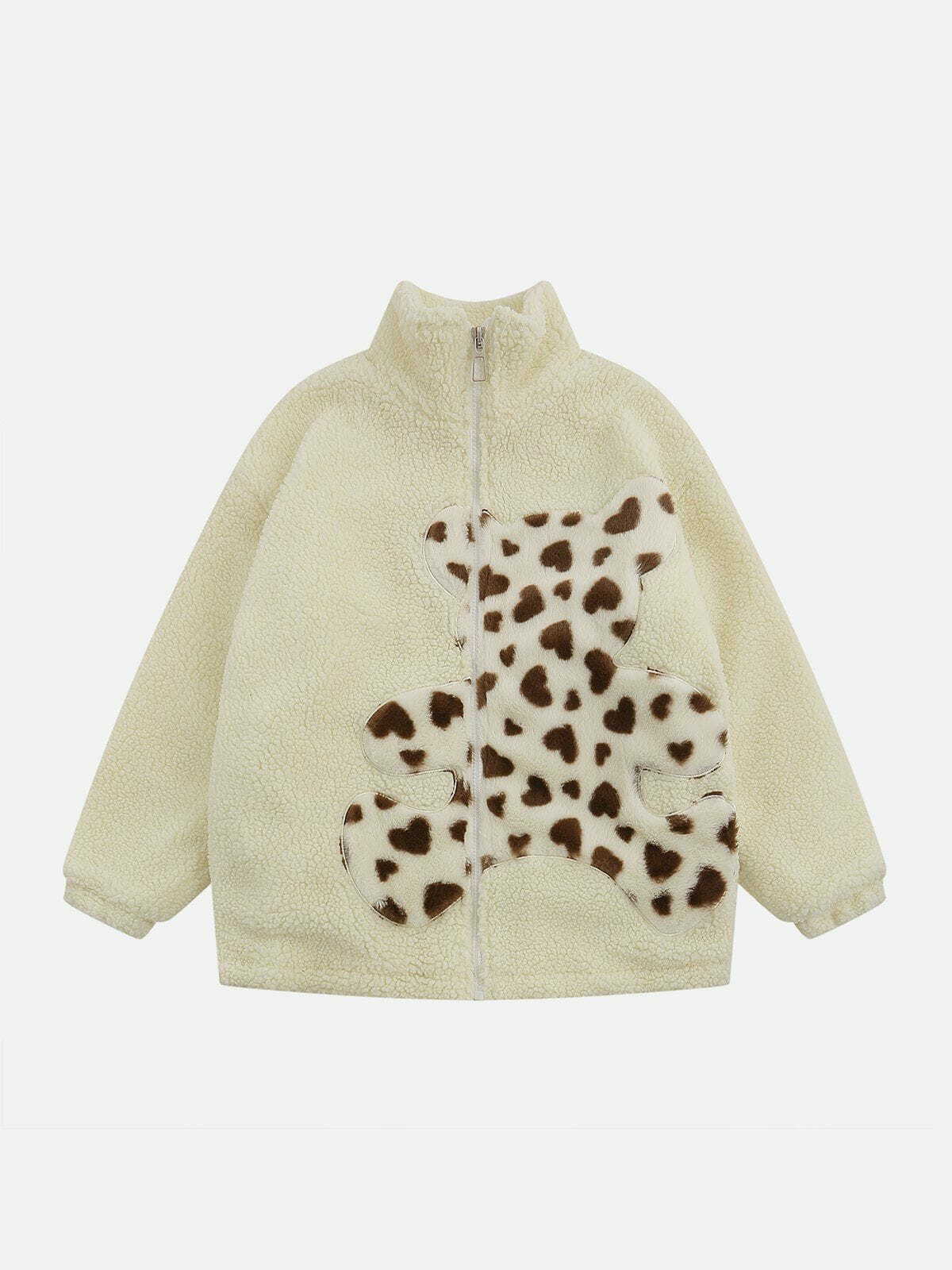 Y2K Aesthetic Embroidered Plush Bear Sherpa Coat for Cozy Grunge and 90s Fashion Vibes