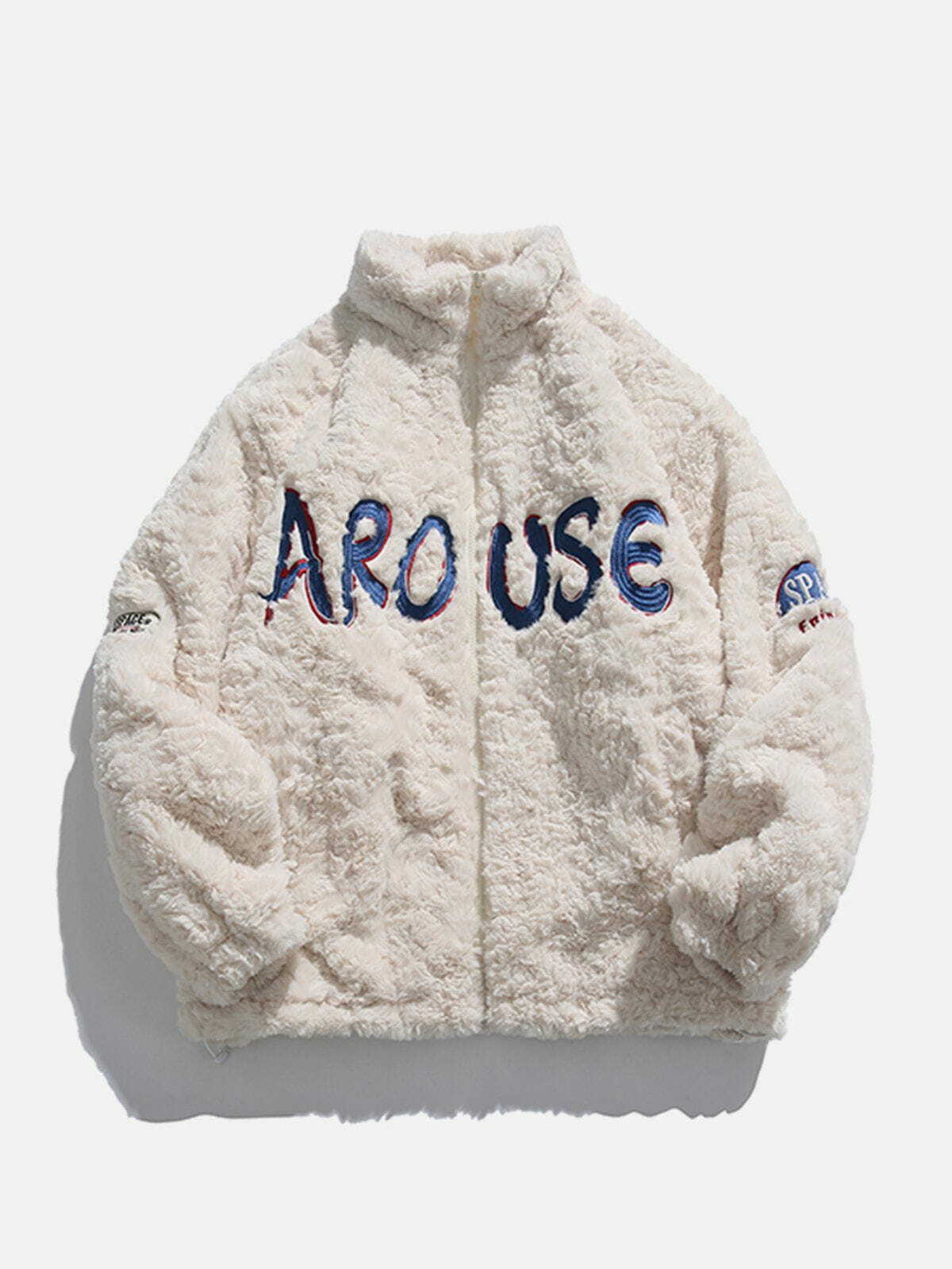 Y2K Aesthetic Embroidered Sherpa Coat - Cozy Grunge Style for 90s Fashion Lovers