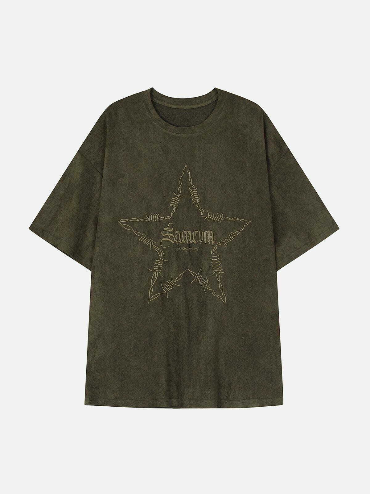 Y2K Aesthetic Embroidered Thorns Star Print Tee - Grunge Style Summer Outfit Essential