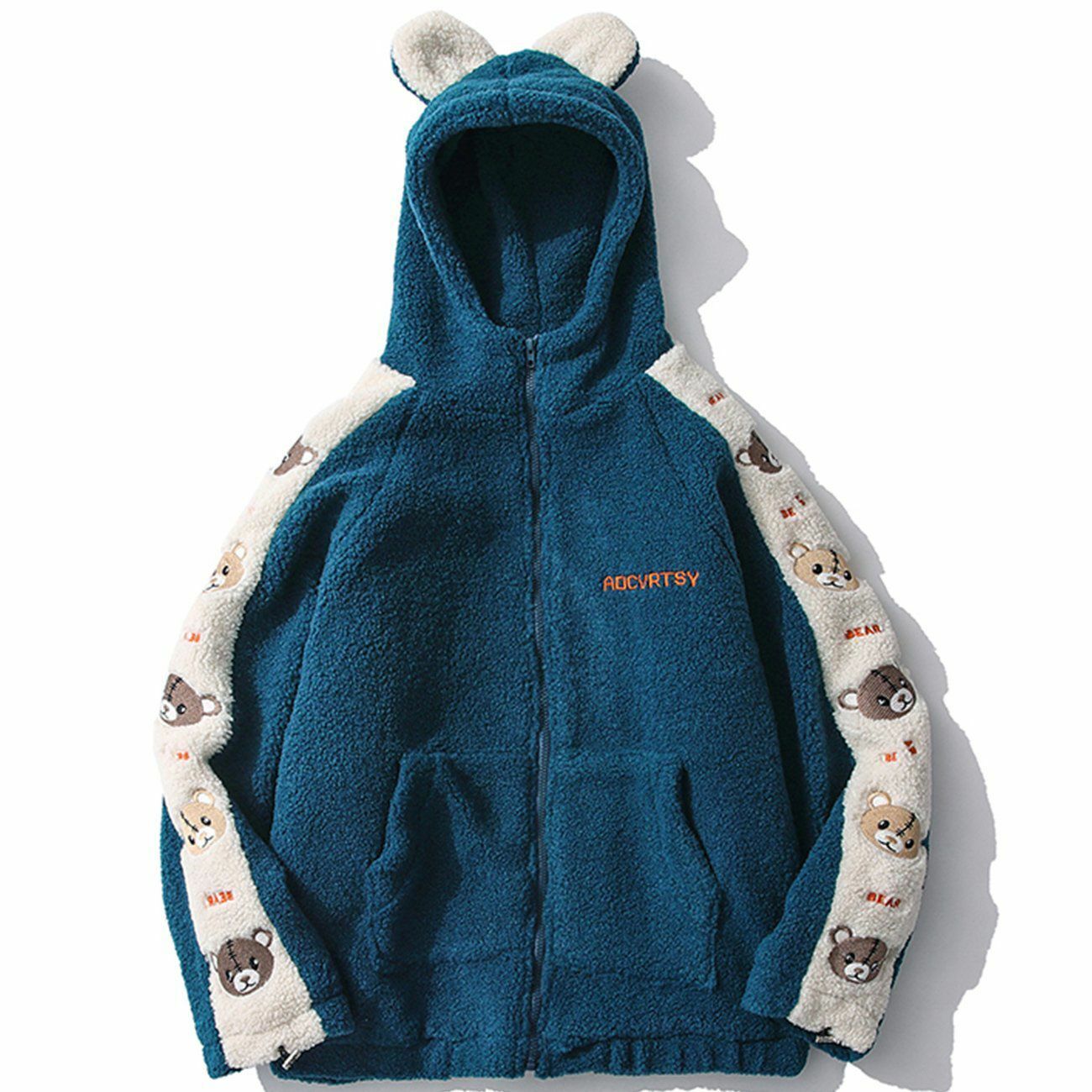 Y2K Aesthetic Embroidery Bear Patchwork Sherpa Coat for Cozy Grunge Winter Outfits