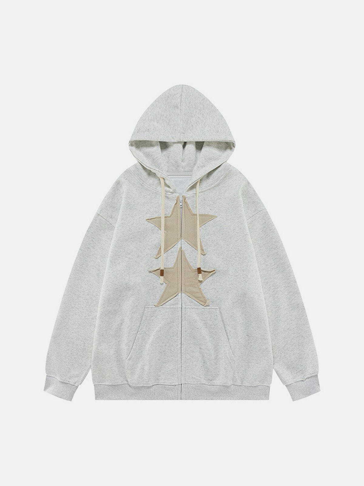 Y2K Aesthetic Embroidery Star Zip Up Hoodie - Trendy Grunge Style for Summer Outfits & Casual Looks