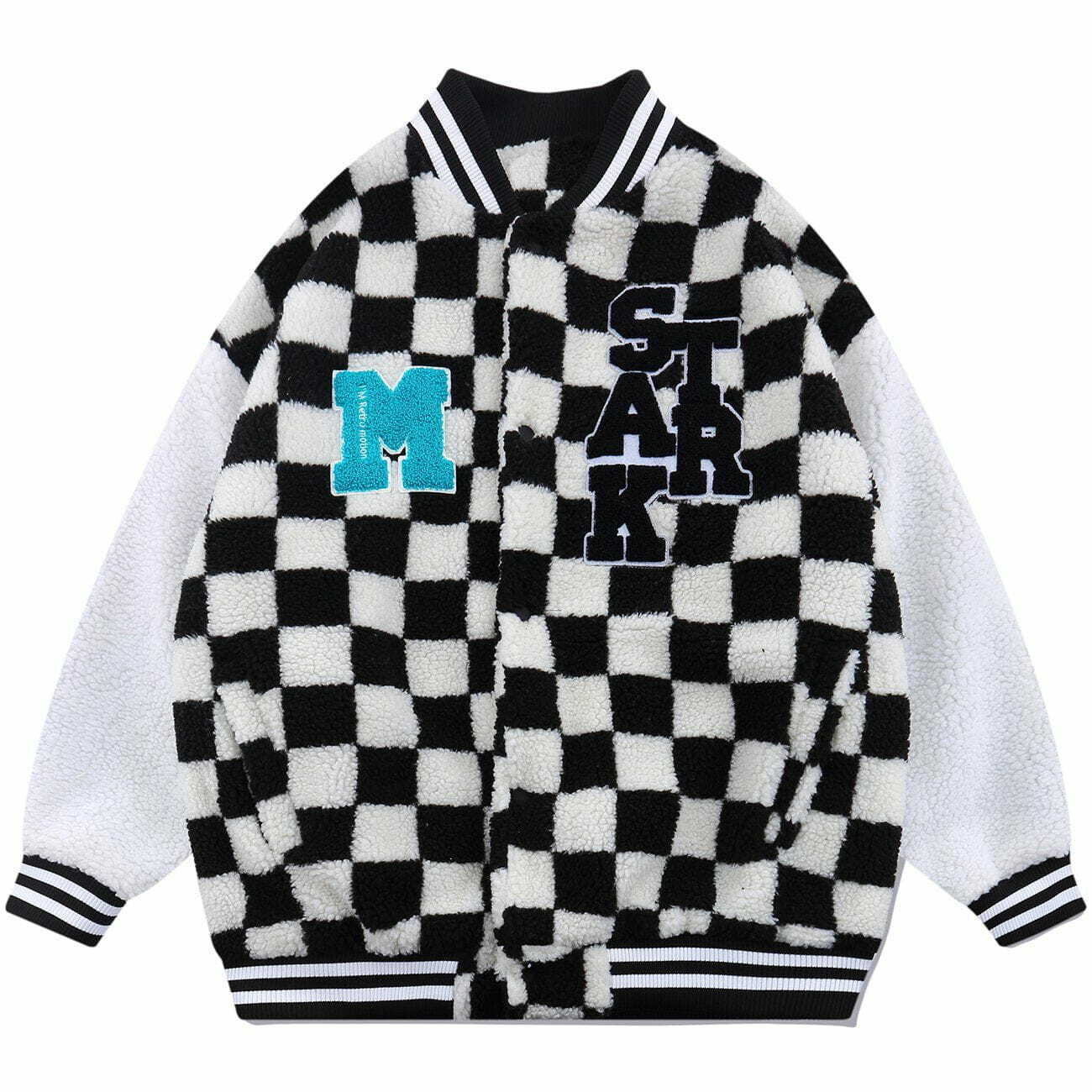 Y2K Aesthetic Flocking Letters Checkerboard Sherpa Coat for Cozy Winter Outfits