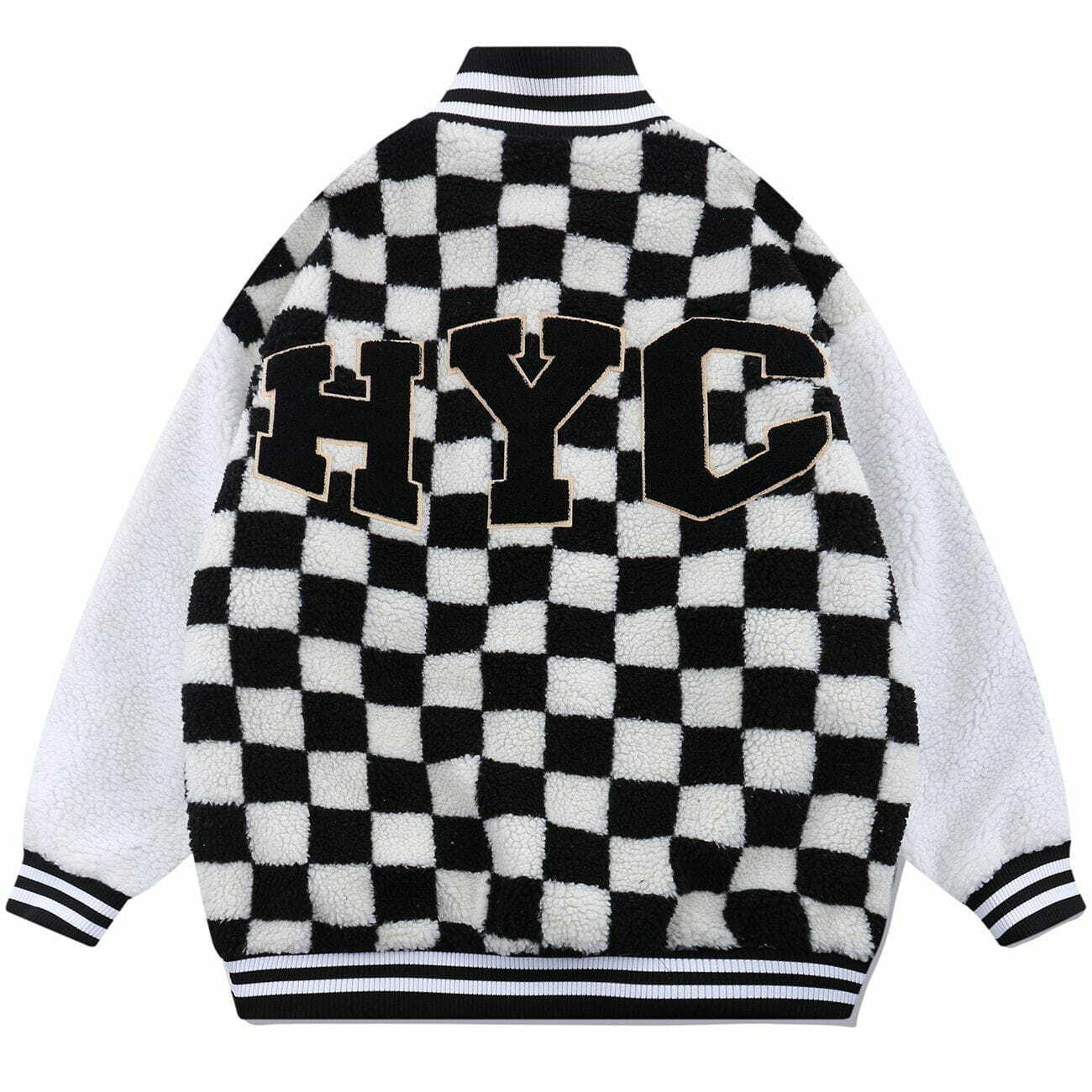 Y2K Aesthetic Flocking Letters Checkerboard Sherpa Coat for Cozy Winter Outfits