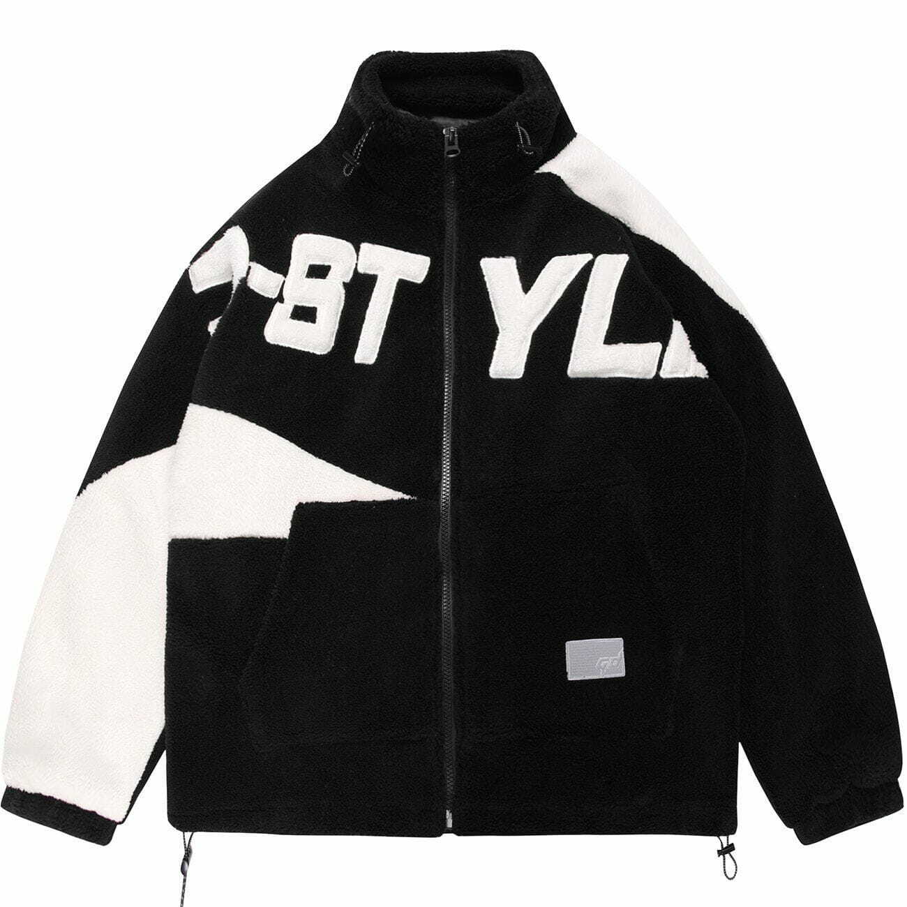 Y2K Aesthetic Flocking Letters Patchwork Sherpa Coat for Grunge and 90s Fashion Lovers