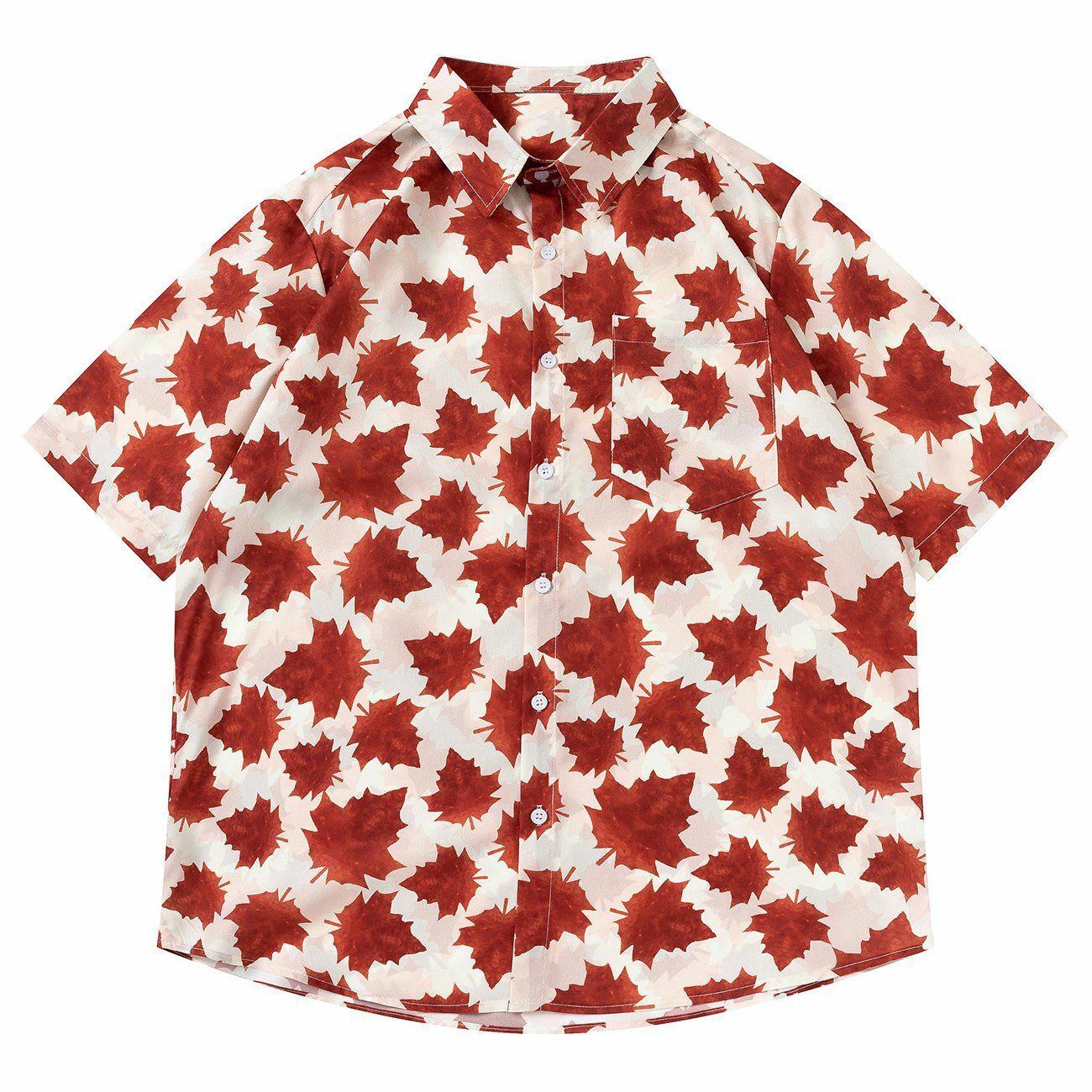 Y2K Aesthetic Full Maple Leaf Print Short Sleeve Shirt - Vintage 90s Grunge Style Top