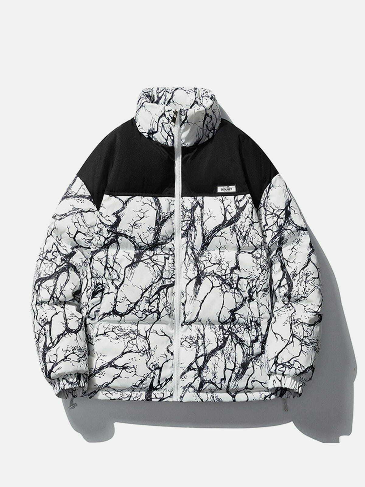 Y2K Aesthetic Full Print Branch Winter Coat - Trendy 90s Grunge Style for Cozy Outfits