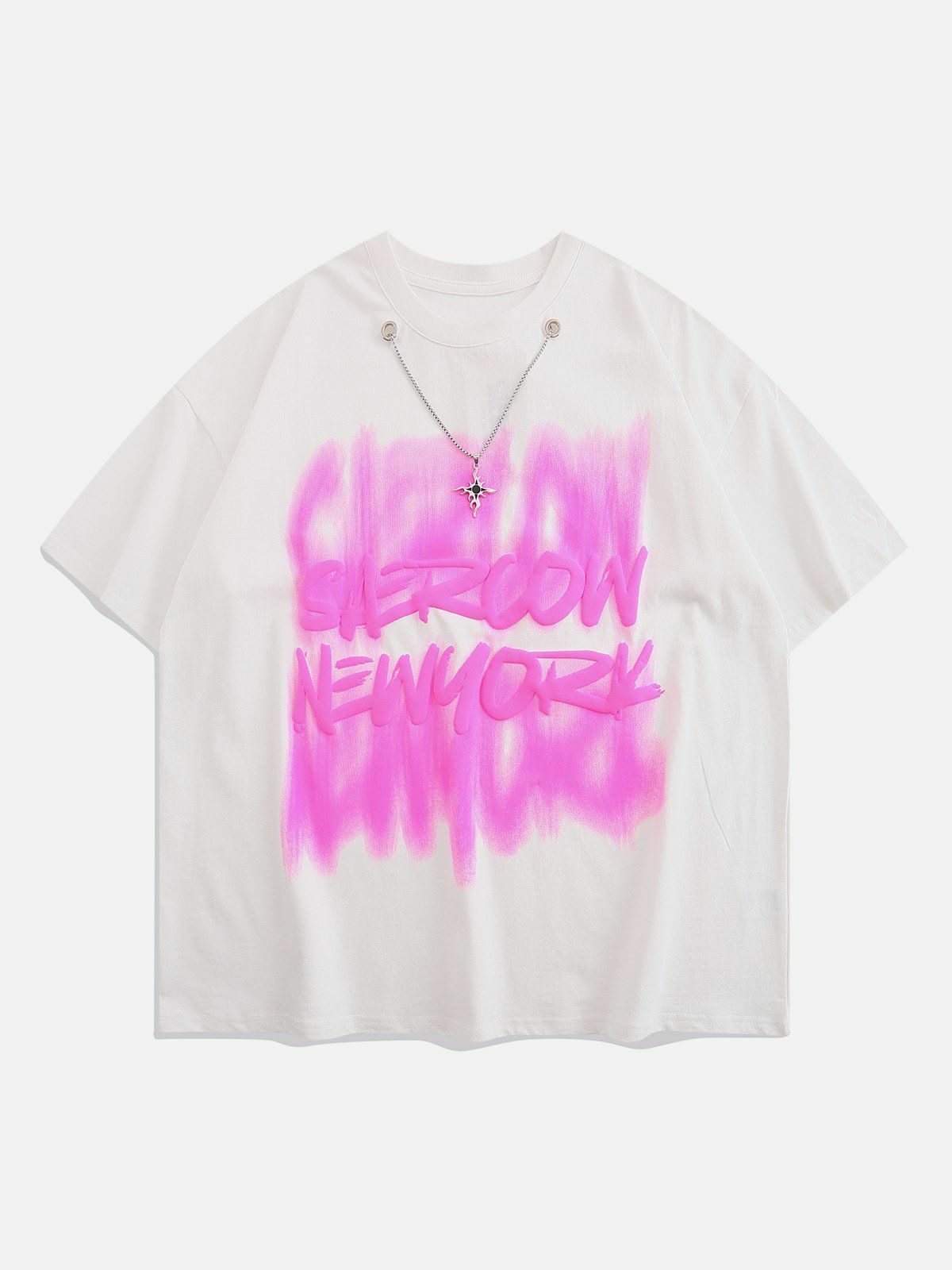 Y2K Aesthetic Fuzzy Letters Necklace Tee - Trendy Summer Outfit for 90s & Grunge Fashion Lovers