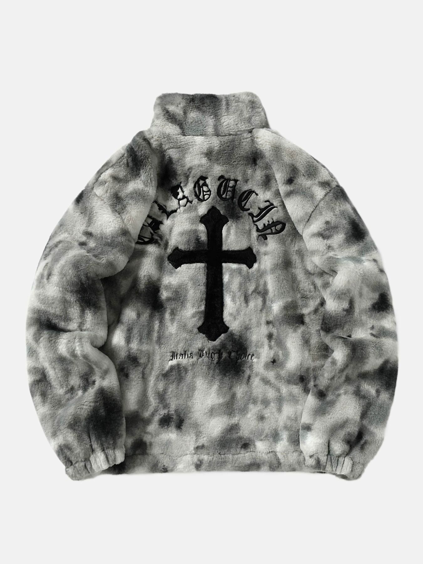 Y2K Aesthetic Gradient Plush Cross Embroidered Lambswool Jacket for Grunge & 90s Fashion Lovers