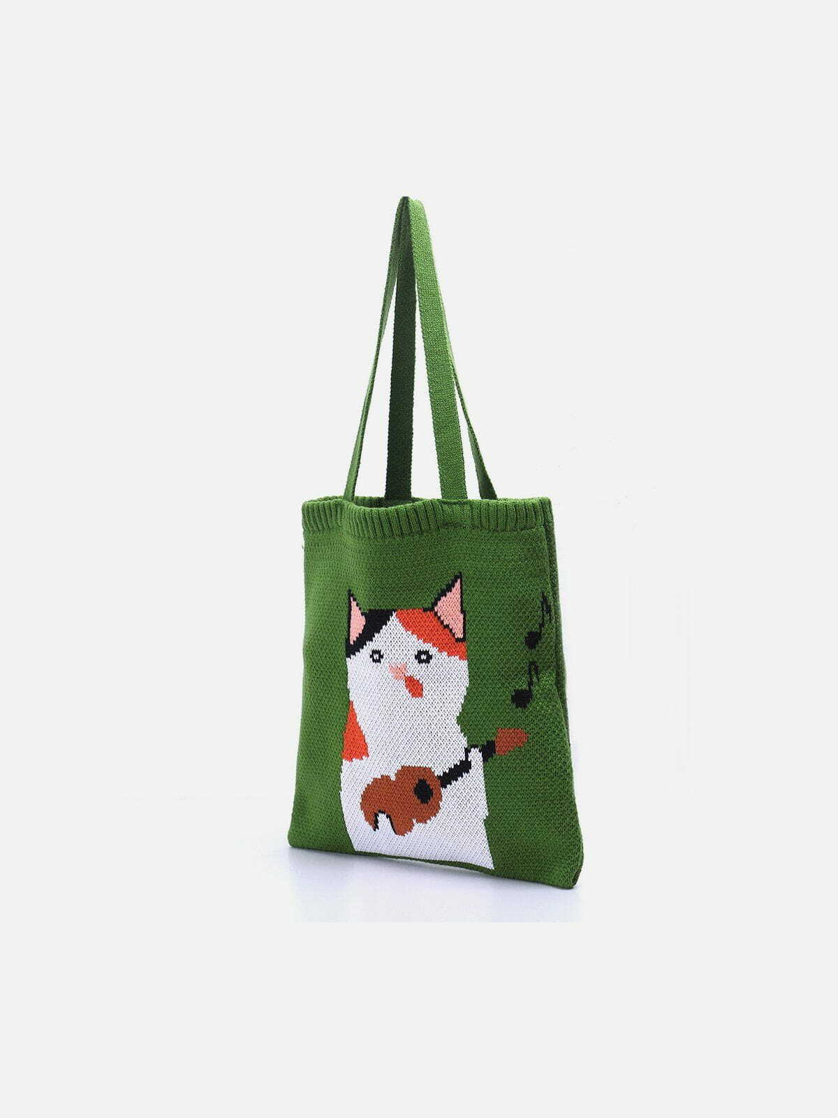 Y2K Aesthetic 'Guitar Cat' Graphic Knitting Bag - Perfect for 90s Fashion & Summer Outfits