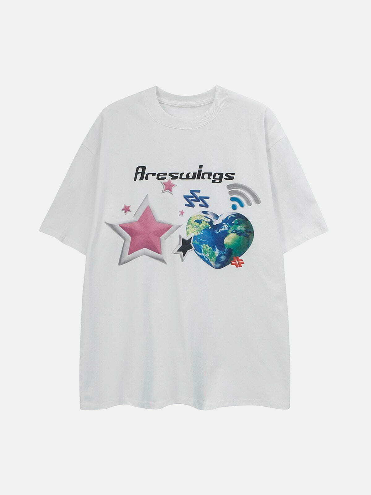 Y2K Aesthetic Heart-Shaped Earth Print Tee - Cute Summer Outfit for 2000s Fashion Lovers