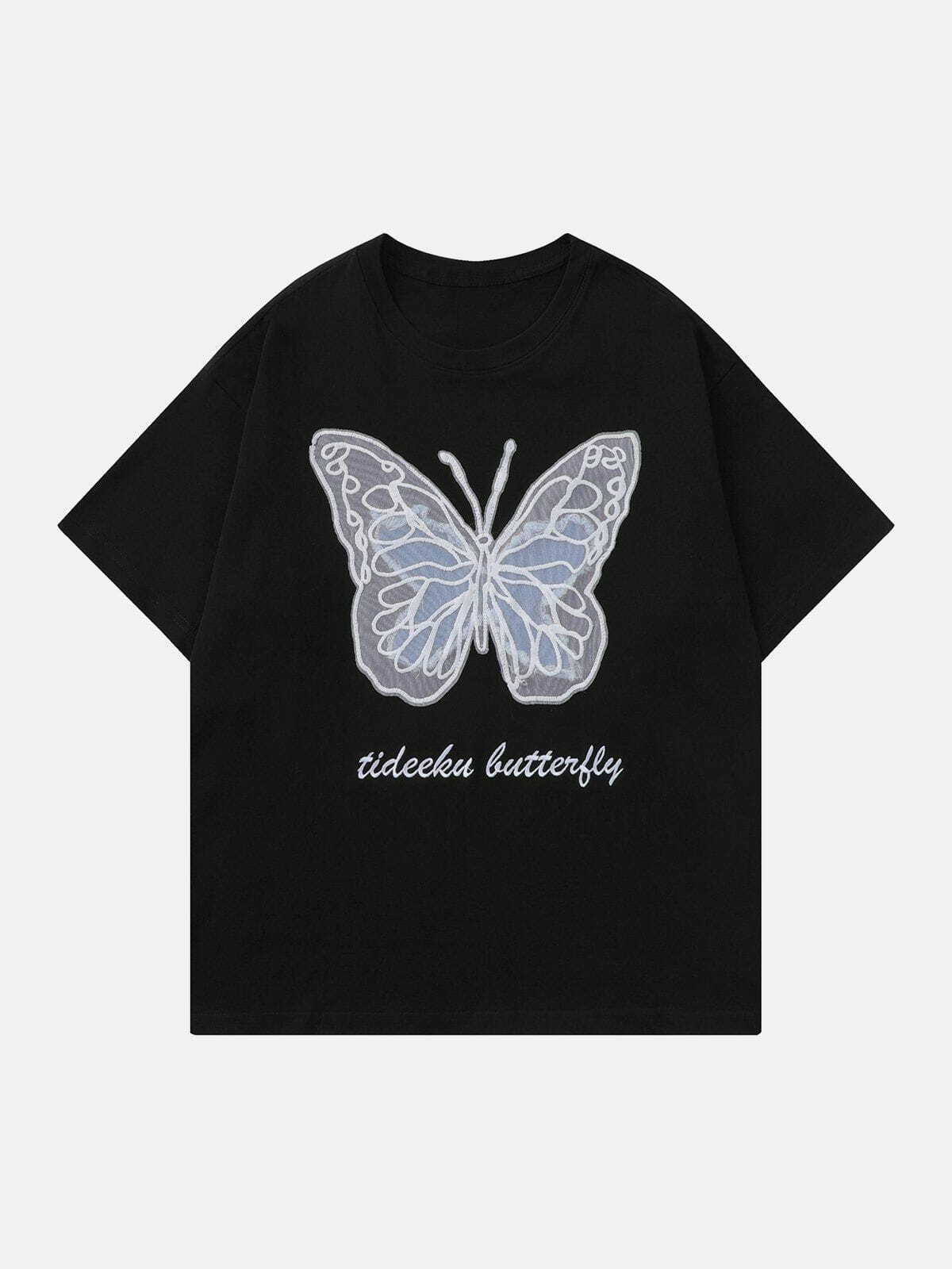 Y2K Aesthetic Hollow Mesh Butterfly Patch Tee - Trendy Summer Top for Grunge & 90s Fashion Lovers