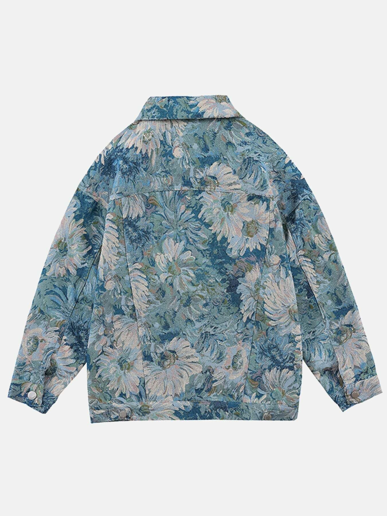 Y2K Aesthetic Jacquard Flower Denim Jacket - Vintage 90s Grunge Style for Trendy Summer Outfits