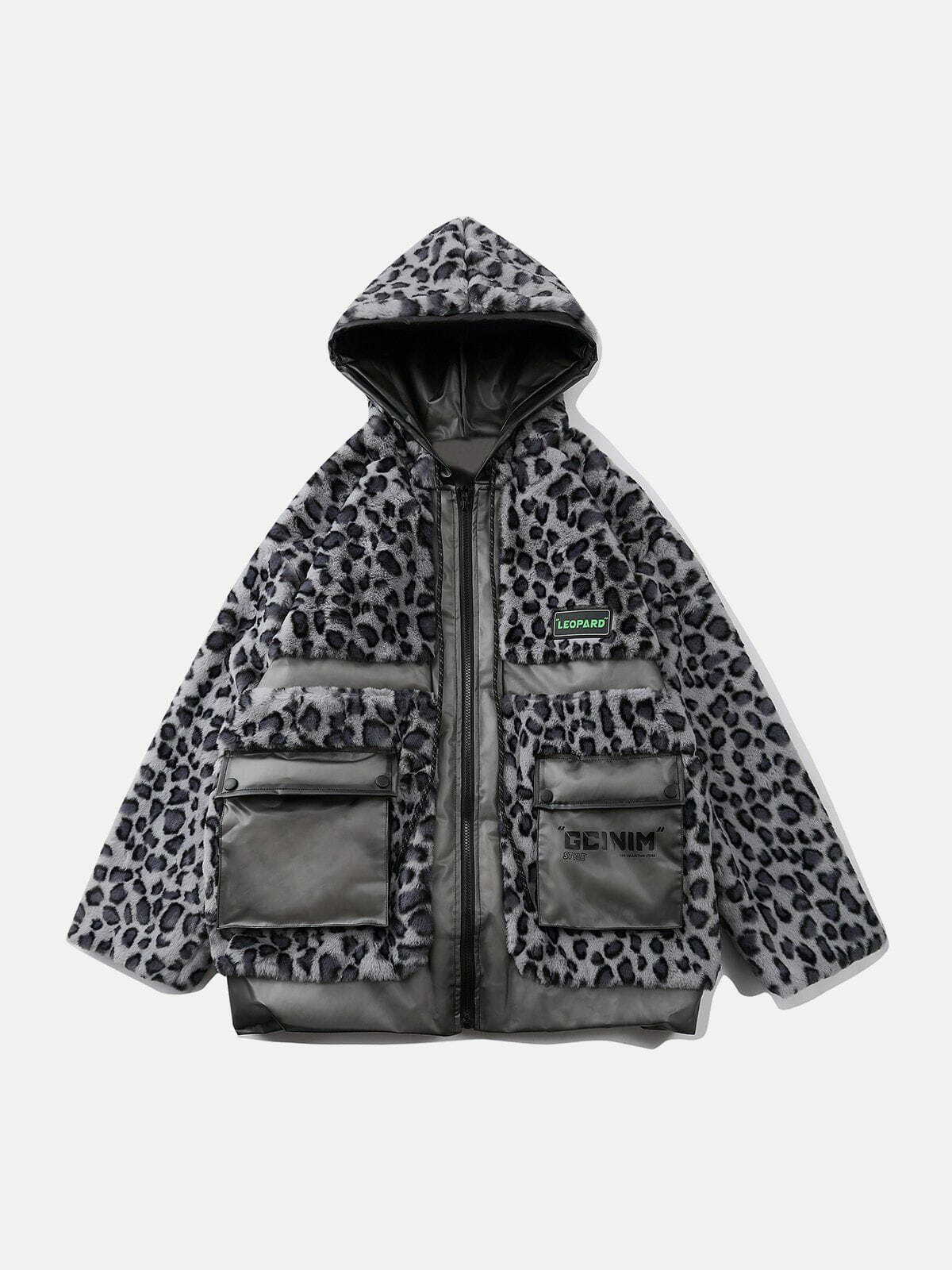 Y2K Aesthetic Leopard Plush Stitching Transparent PU Winter Coat for Grunge & 90s Fashion Lovers