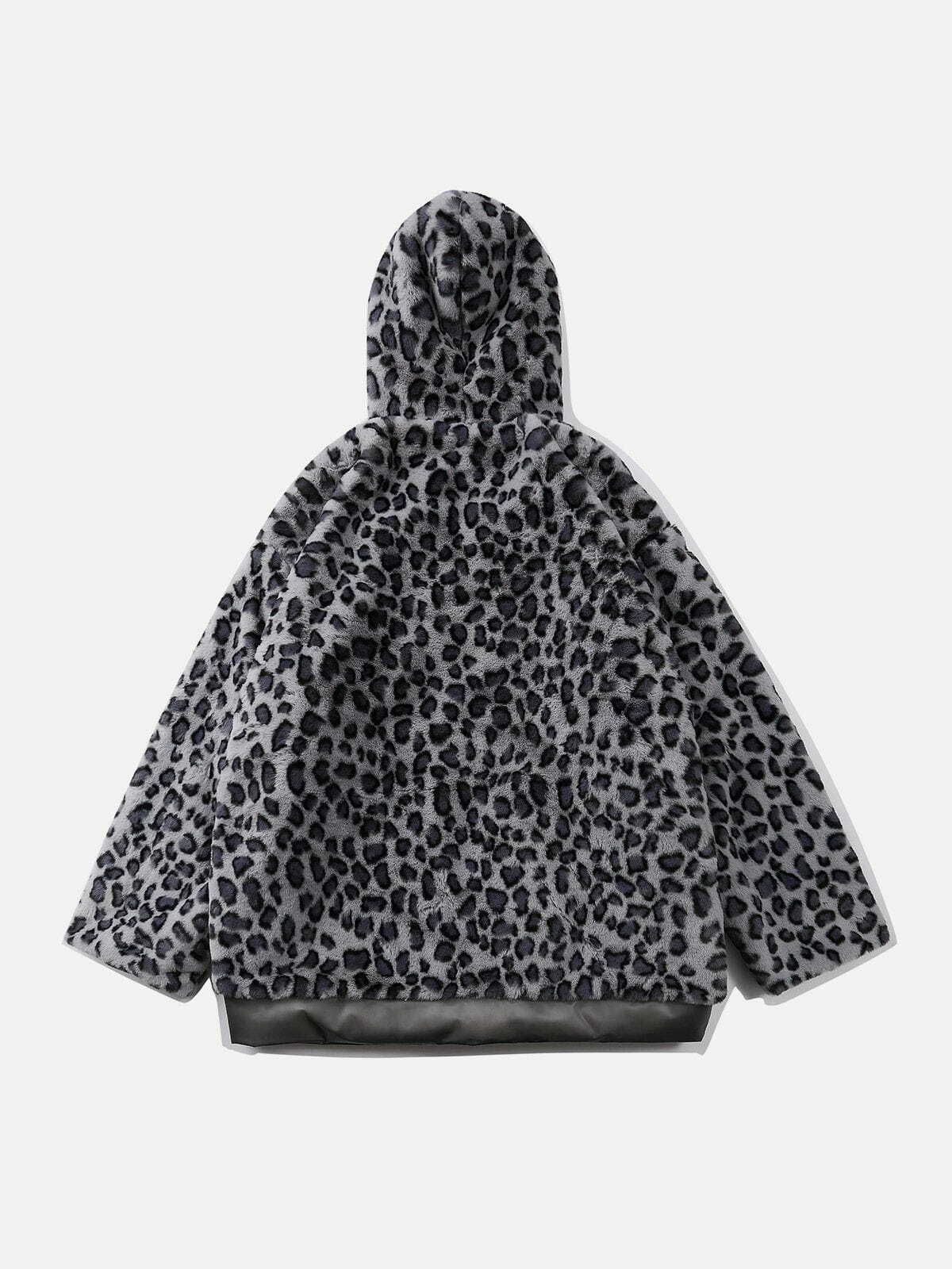 Y2K Aesthetic Leopard Plush Stitching Transparent PU Winter Coat for Grunge & 90s Fashion Lovers