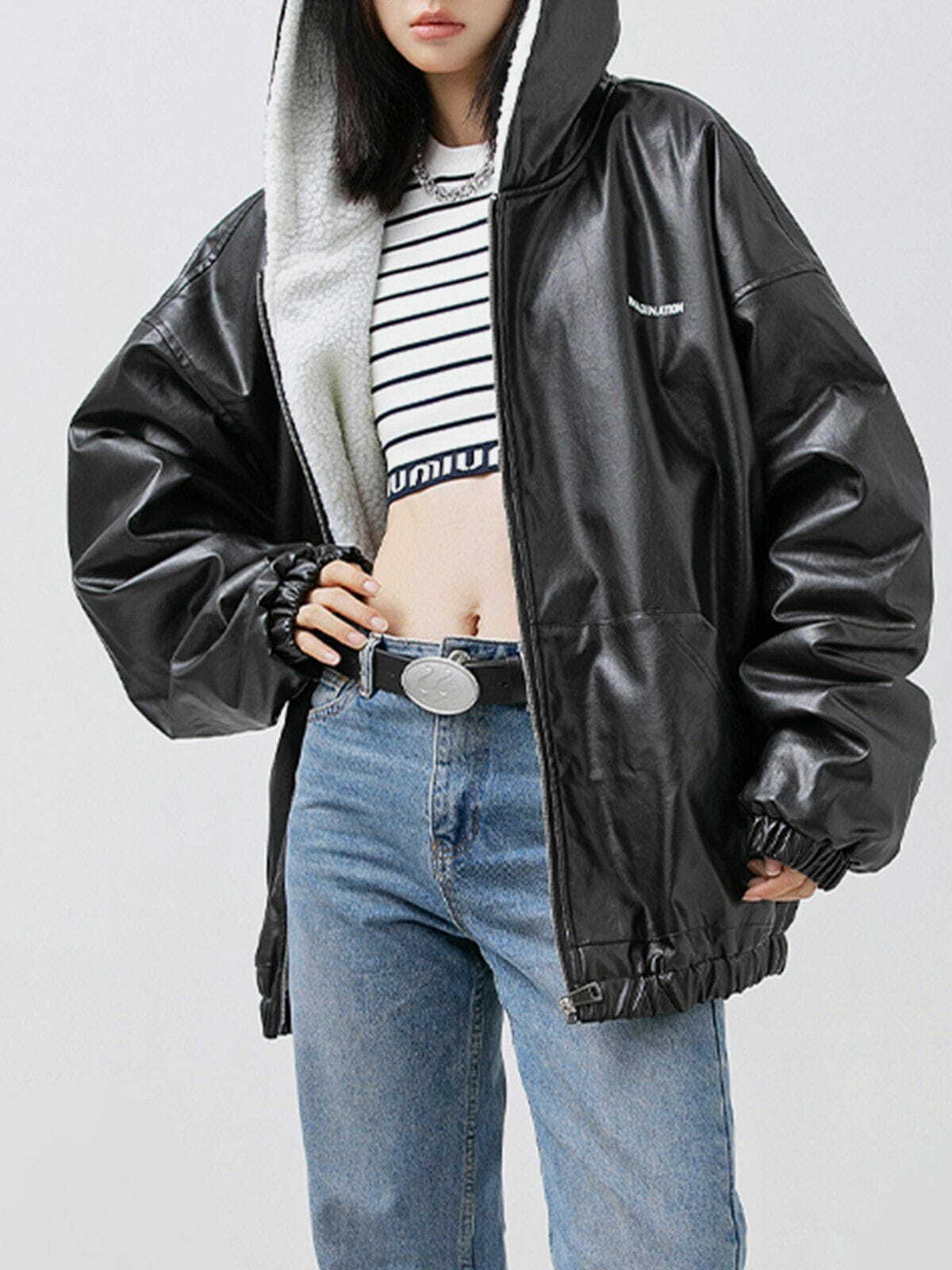 Y2K Aesthetic Letter Print Leather Jacket - Grunge Style for 90s Fashion Lovers