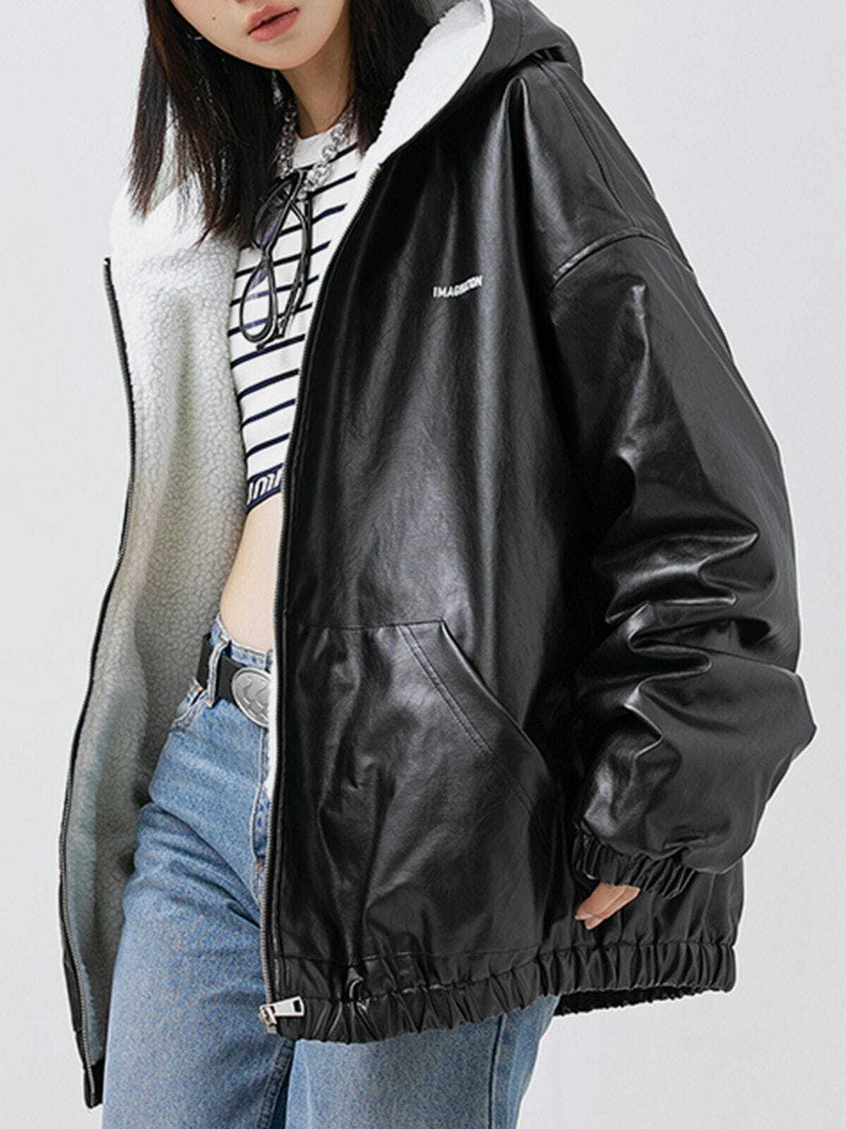 Y2K Aesthetic Letter Print Leather Jacket - Grunge Style for 90s Fashion Lovers