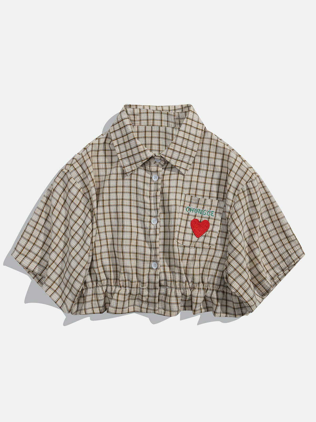 Y2K Aesthetic Love Embroidered Plaid Tee - Vintage 90s Grunge Style for Trendy Outfits