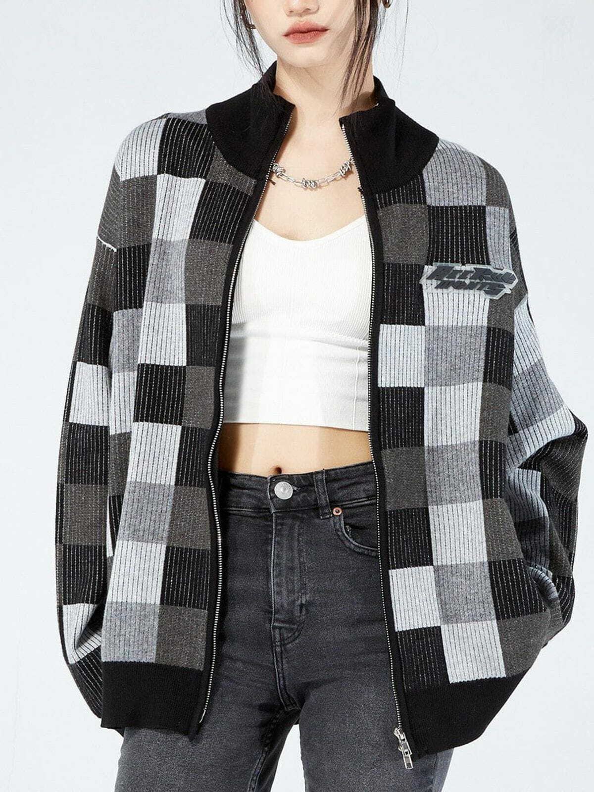 Y2K Aesthetic Mosaic Plaid Cardigan - Vintage 90s Grunge Style for Effortless Summer Outfits