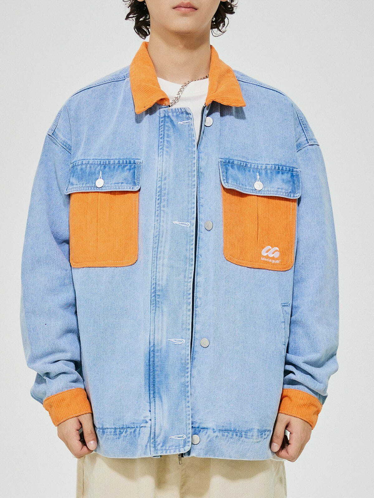 Y2K Aesthetic Orange Corduroy Patchwork Denim Jacket for Grunge and 90s Fashion Lovers