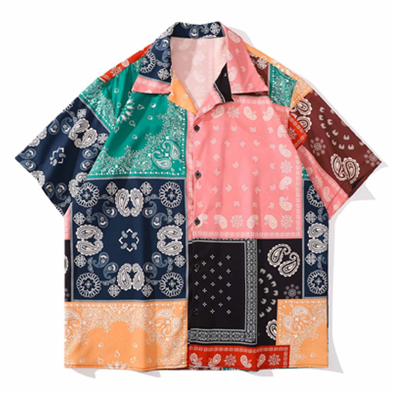 Y2K Aesthetic Panel Pattern Bandana Short Sleeve Shirt - Trendy 90s Grunge Summer Outfit