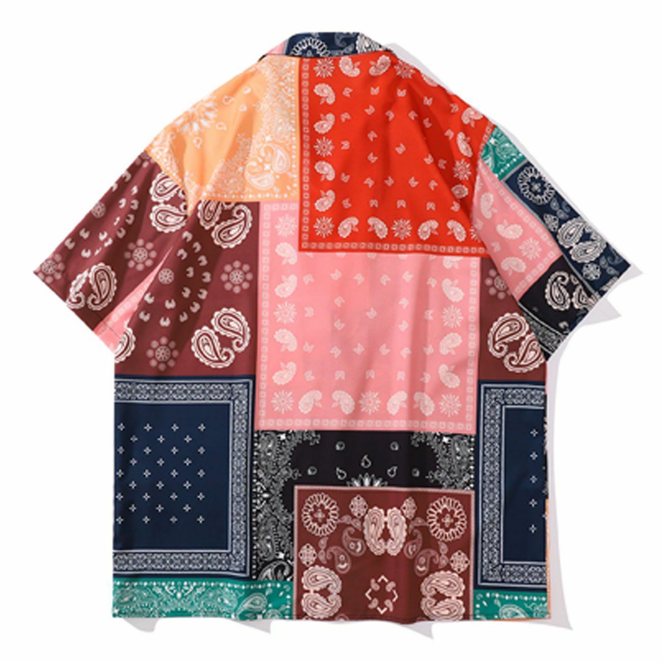 Y2K Aesthetic Panel Pattern Bandana Short Sleeve Shirt - Trendy 90s Grunge Summer Outfit