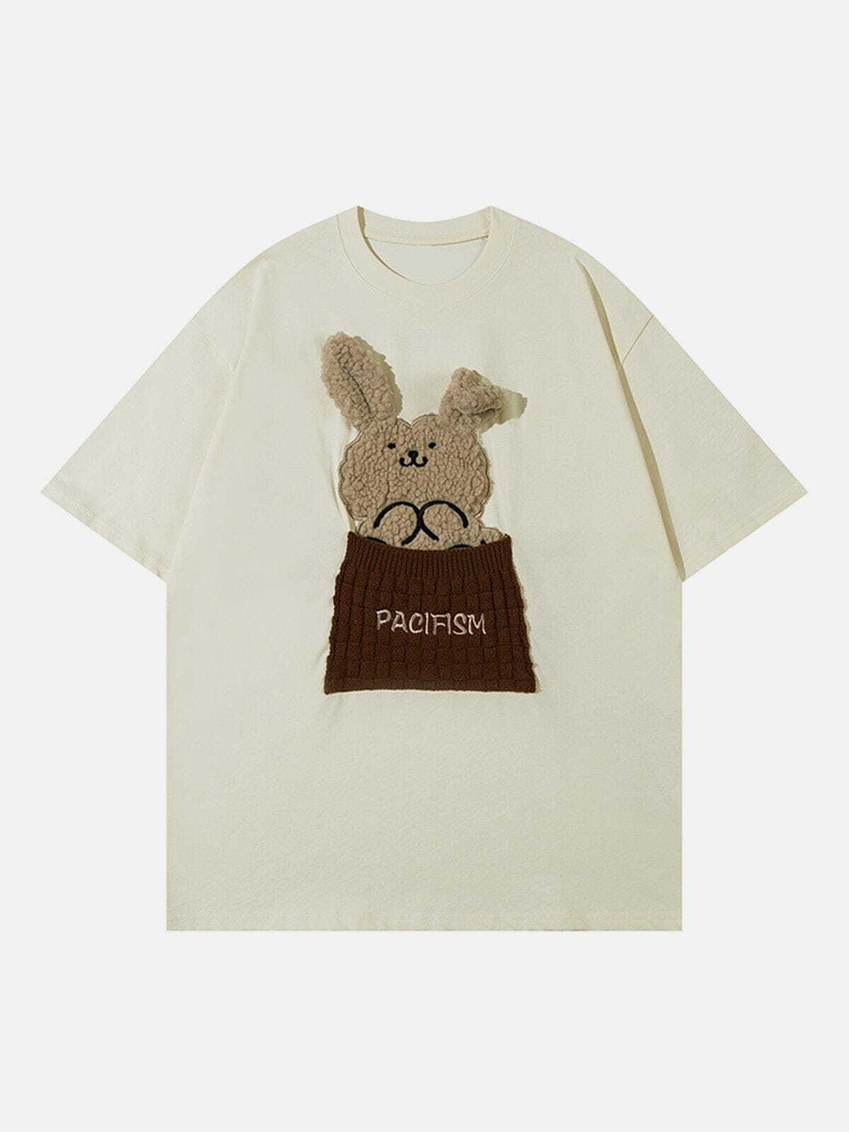 Y2K Aesthetic Patch Embroidery Rabbit Print Tee - Cute Grunge Top for Summer Outfits & 90s Style