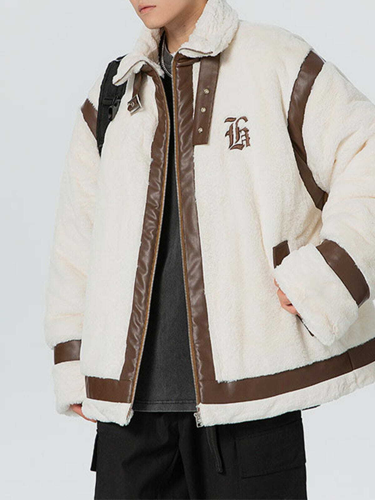 Y2K Aesthetic PU Leather Patchwork Sherpa Coat for Grunge Style & 90s Fashion Lovers