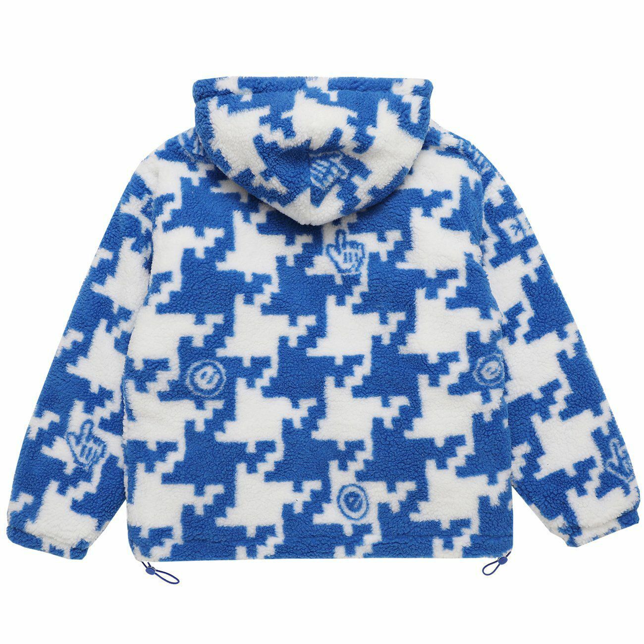 Y2K Aesthetic Puzzle Print Sherpa Coat for Cozy Grunge Winter Outfits and Cute Layering