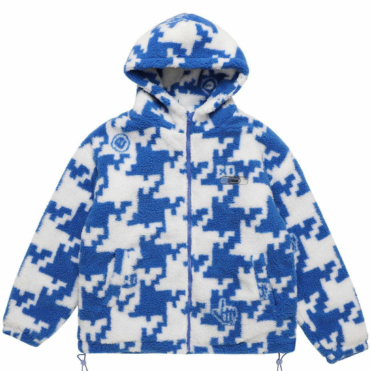 Y2K Aesthetic Puzzle Print Sherpa Coat for Cozy Grunge Winter Outfits and Cute Layering