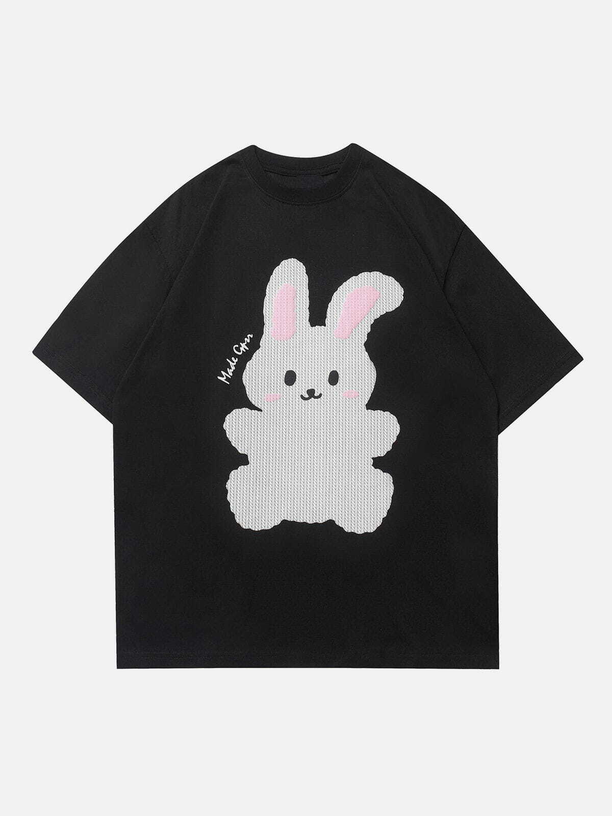 Y2K Aesthetic Rabbit Print Patchwork Tee - Trendy Grunge Style for Summer Outfits & Cute Looks