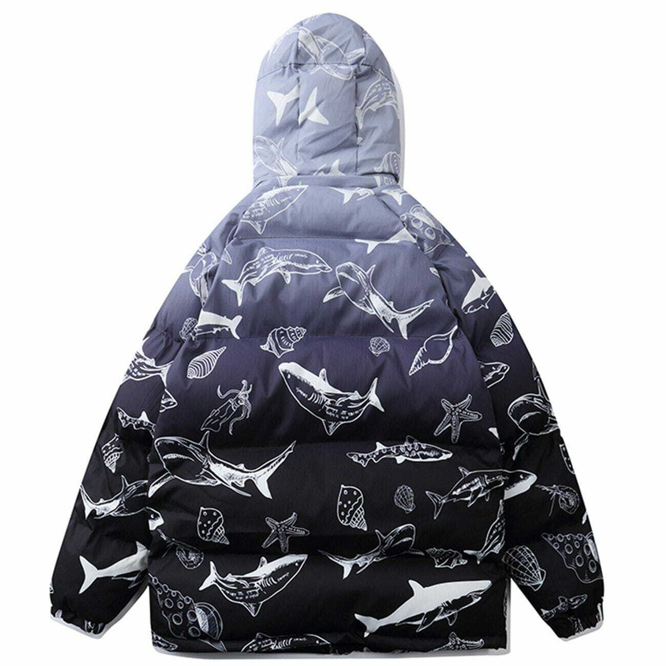 Y2K Aesthetic Shark Full Print Hooded Puffer Jacket - Grunge Style for Summer & Winter Outfits