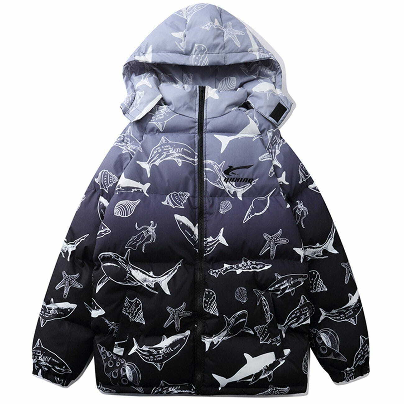 Y2K Aesthetic Shark Full Print Hooded Puffer Jacket - Grunge Style for Summer & Winter Outfits