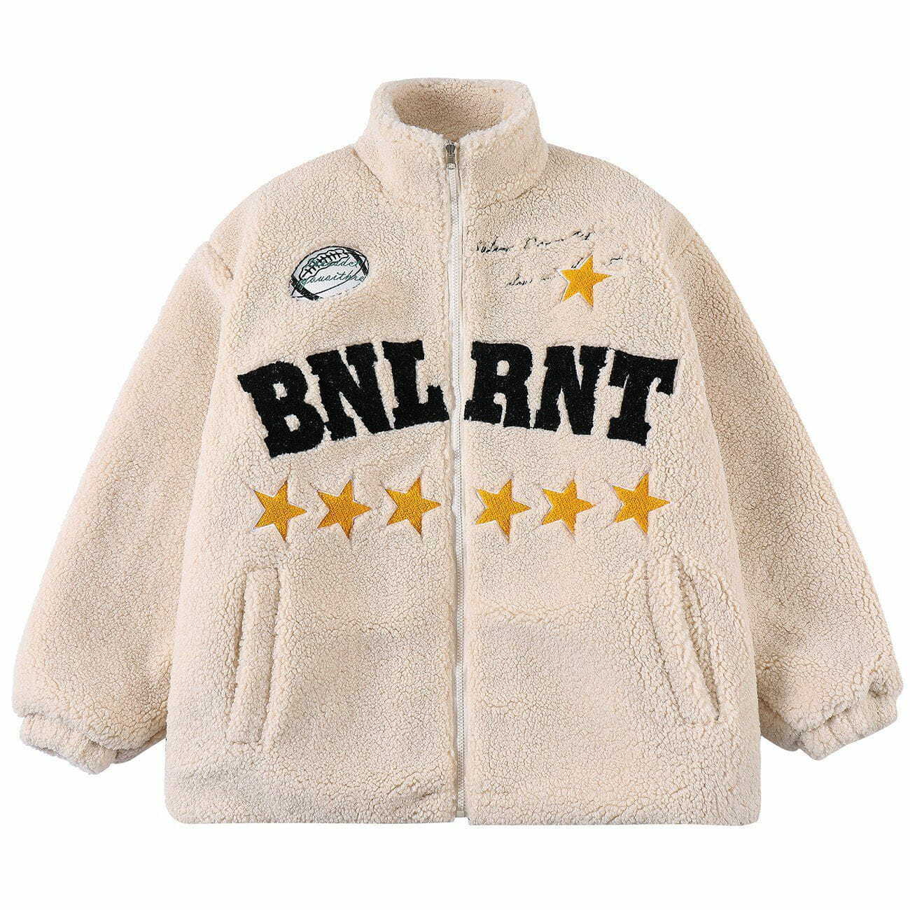 Y2K Aesthetic Sherpa Winter Coat with Five-Pointed Star Letter Patch for Cozy Style