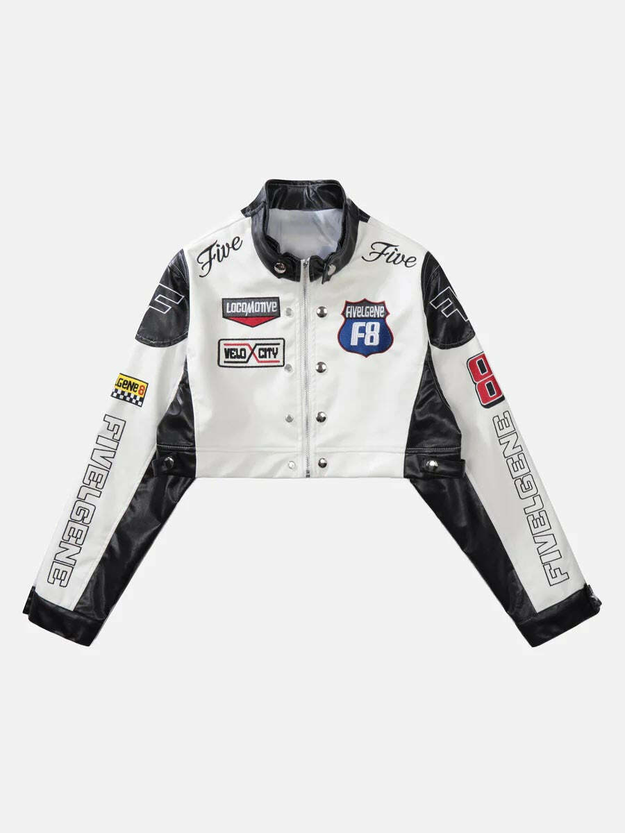 Y2K Aesthetic Short PU Leather Racing Jacket - Grunge Style for 90s Fashion Lovers