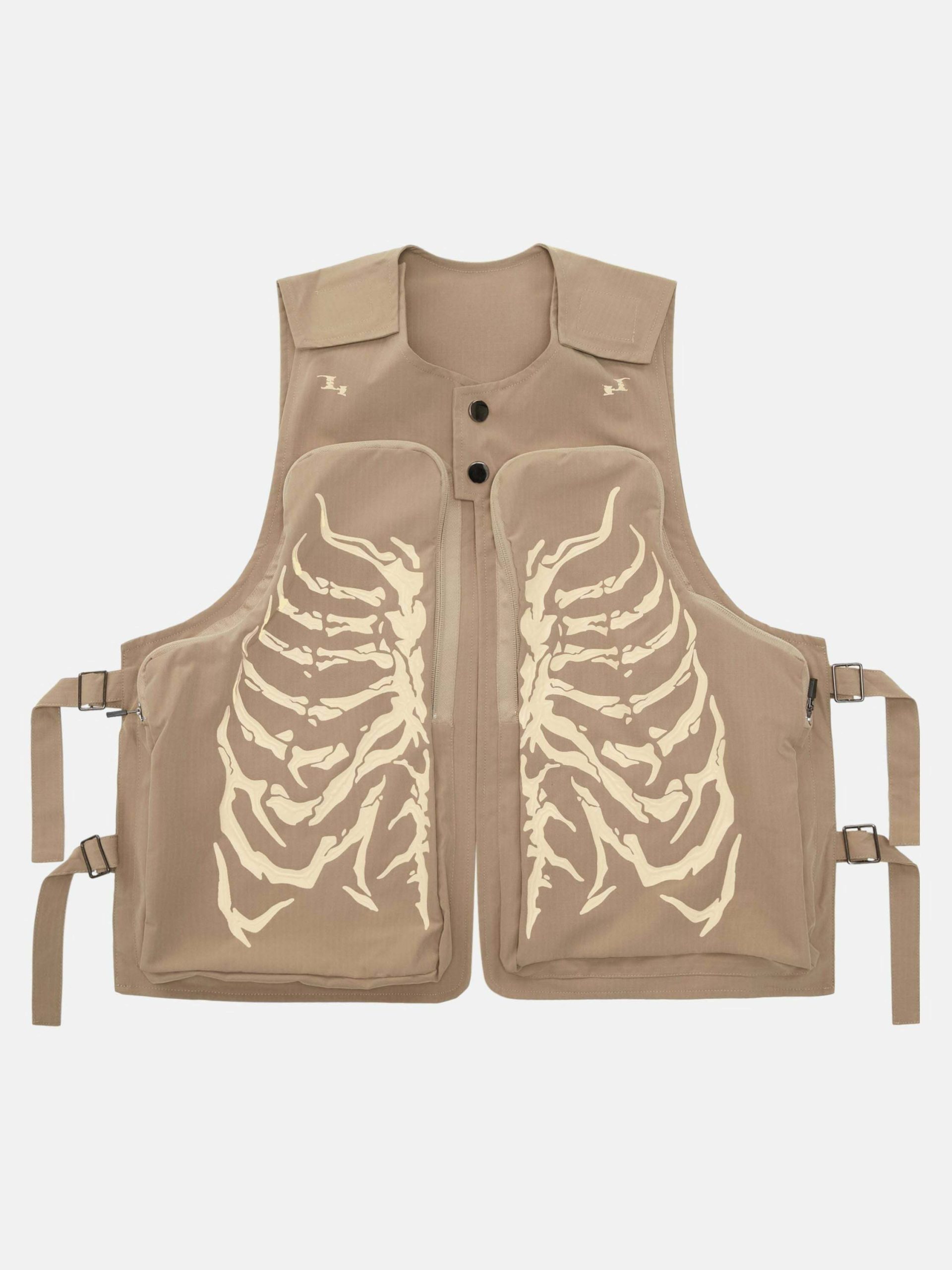 Y2K Aesthetic Skeleton Print Padded Cargo Vest for Grunge Summer Outfits & 90s Fashion