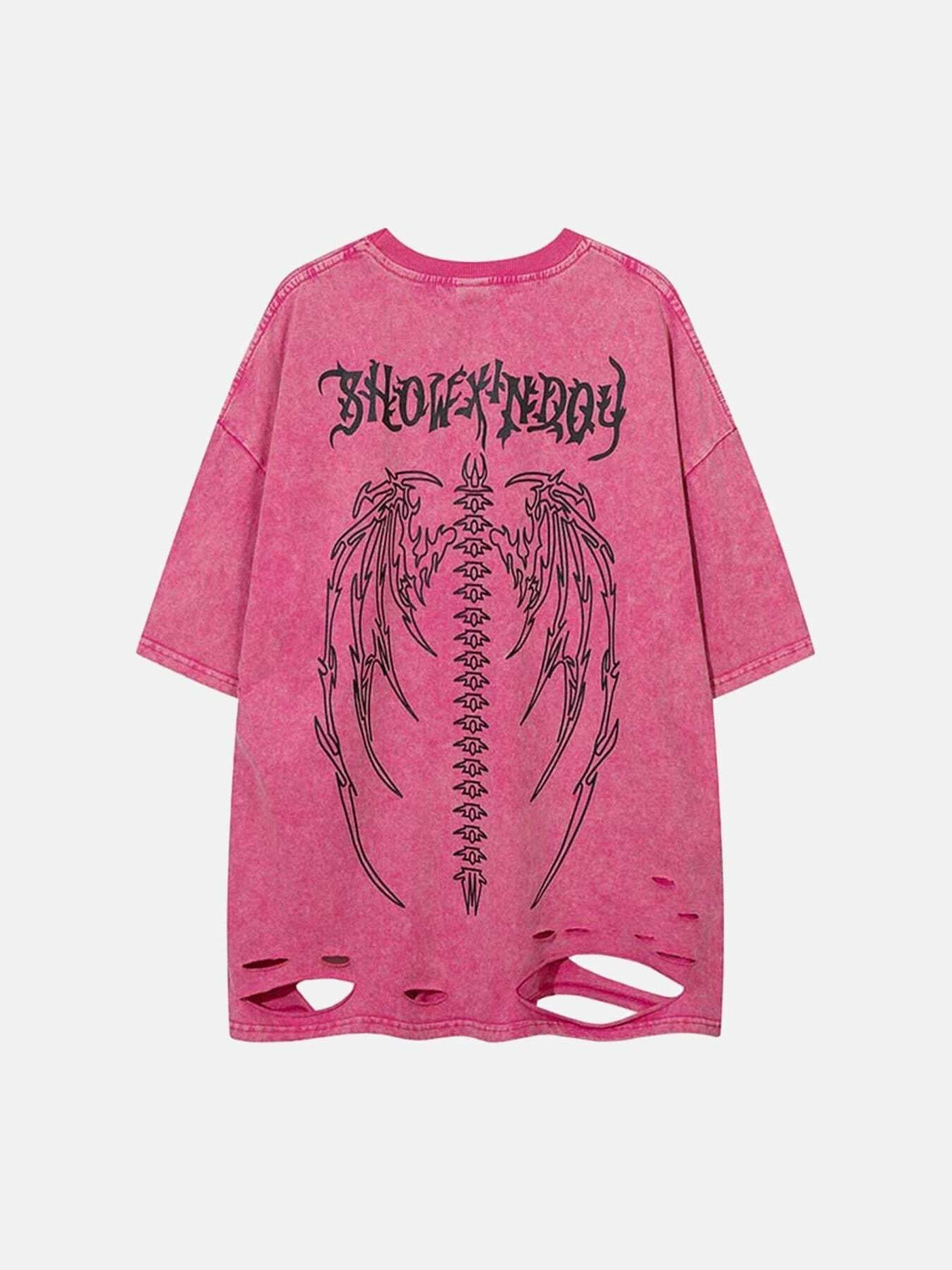 Y2K Aesthetic Skeleton Wings Print Raglan Tee - Grunge Style for Summer Outfits & 90s Vibes