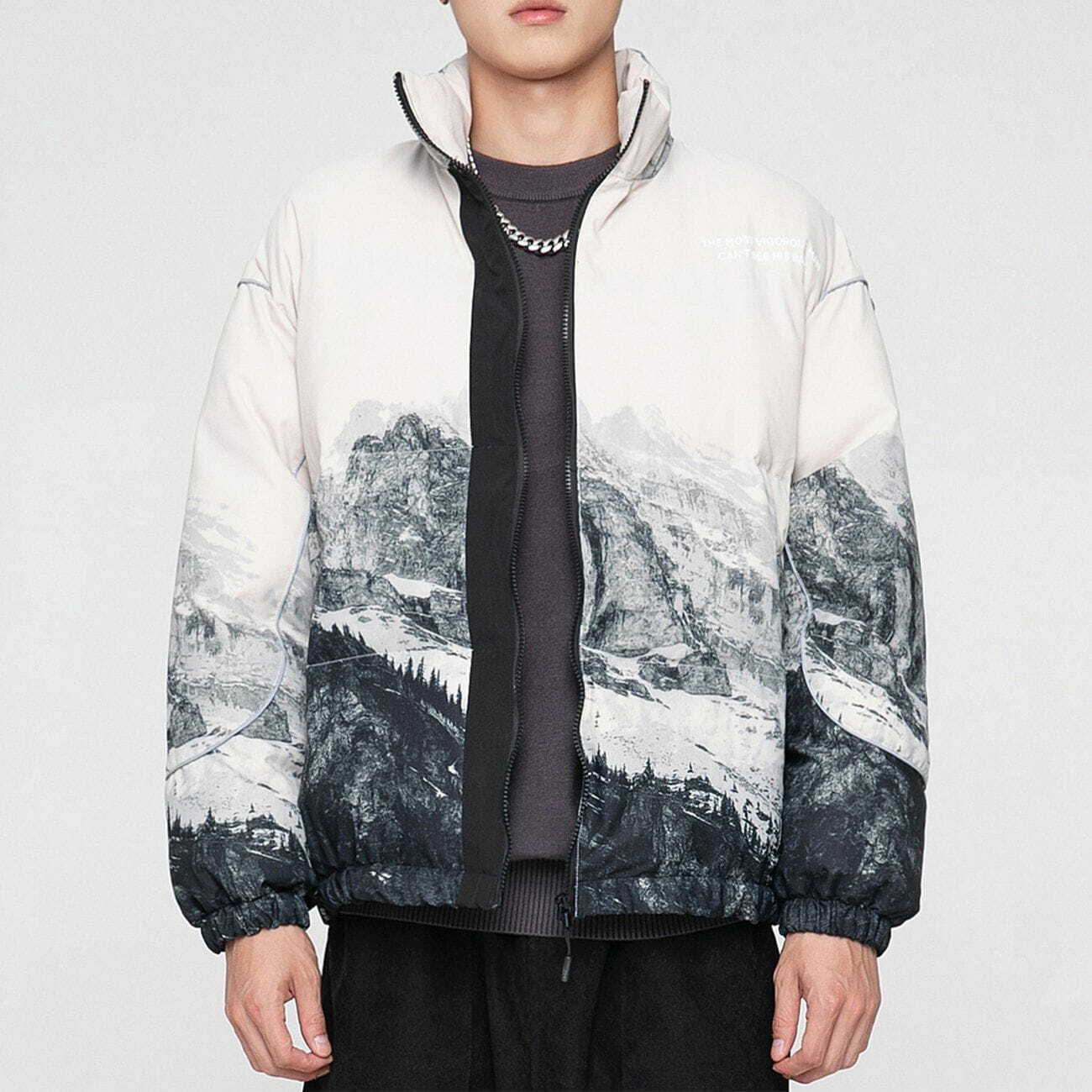 Y2K Aesthetic Snow Mountain Print Winter Coat - Trendy Grunge Style for Cozy Outfits