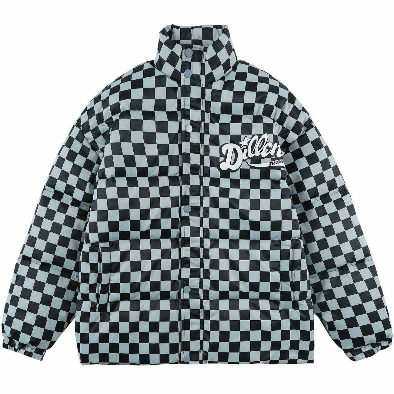 Y2K Aesthetic Solid Color Checkerboard Print Puffer Jacket for Grunge and 90s Fashion Lovers