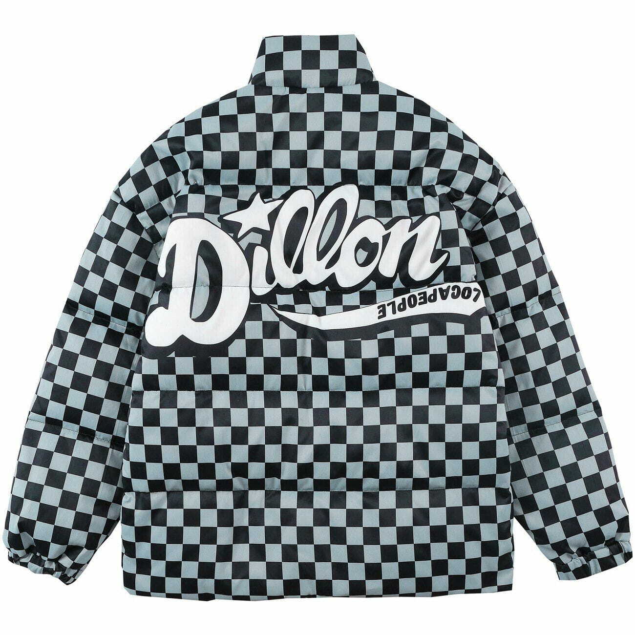 Y2K Aesthetic Solid Color Checkerboard Print Puffer Jacket for Grunge and 90s Fashion Lovers