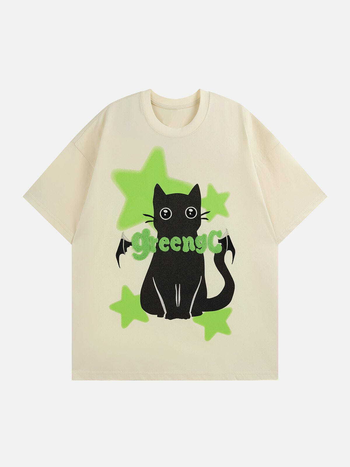 Y2K Aesthetic Star Cat Graphic Tee - Trendy 90s Grunge Style for Summer Outfits & Cute Looks