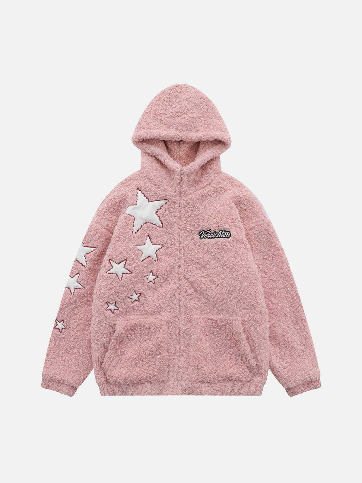 Y2K Aesthetic Star Embroidery Sherpa Coat - Cozy Grunge Style for 2000s Fashion Lovers