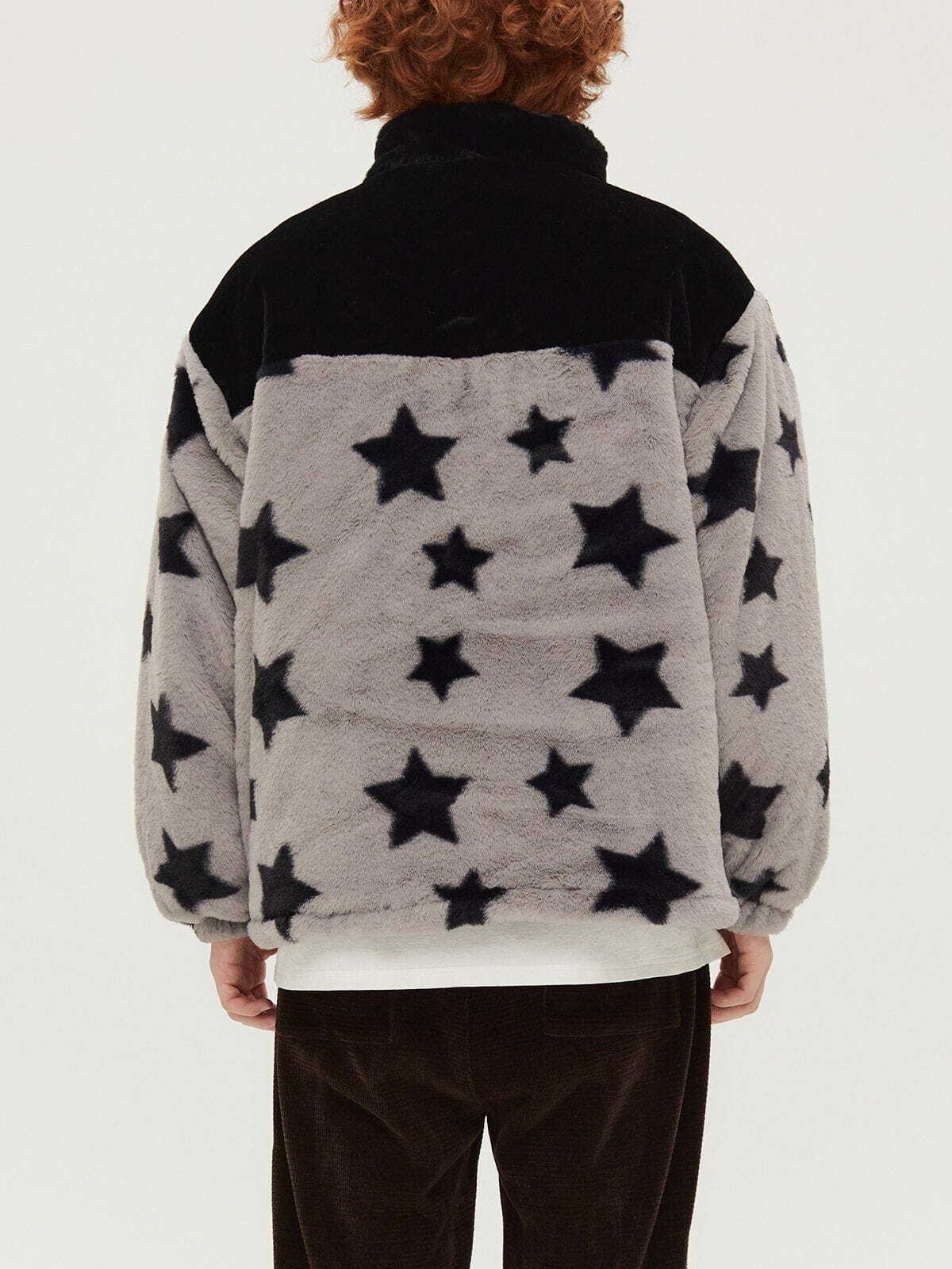 Y2K Aesthetic Star Panel Sherpa Winter Coat - Cozy Grunge Style for 2000s Fashion Lovers