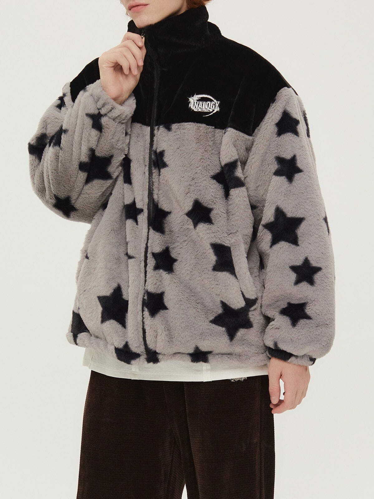 Y2K Aesthetic Star Panel Sherpa Winter Coat - Cozy Grunge Style for 2000s Fashion Lovers